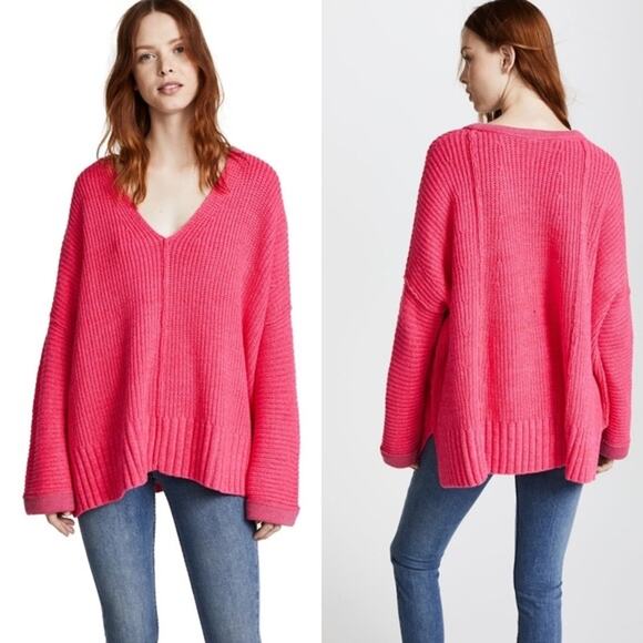 FREE PEOPLE Pink Take Me Over V-Neck Long Sleeve Oversized Sweater Size XXS - Picture 1 of 9
